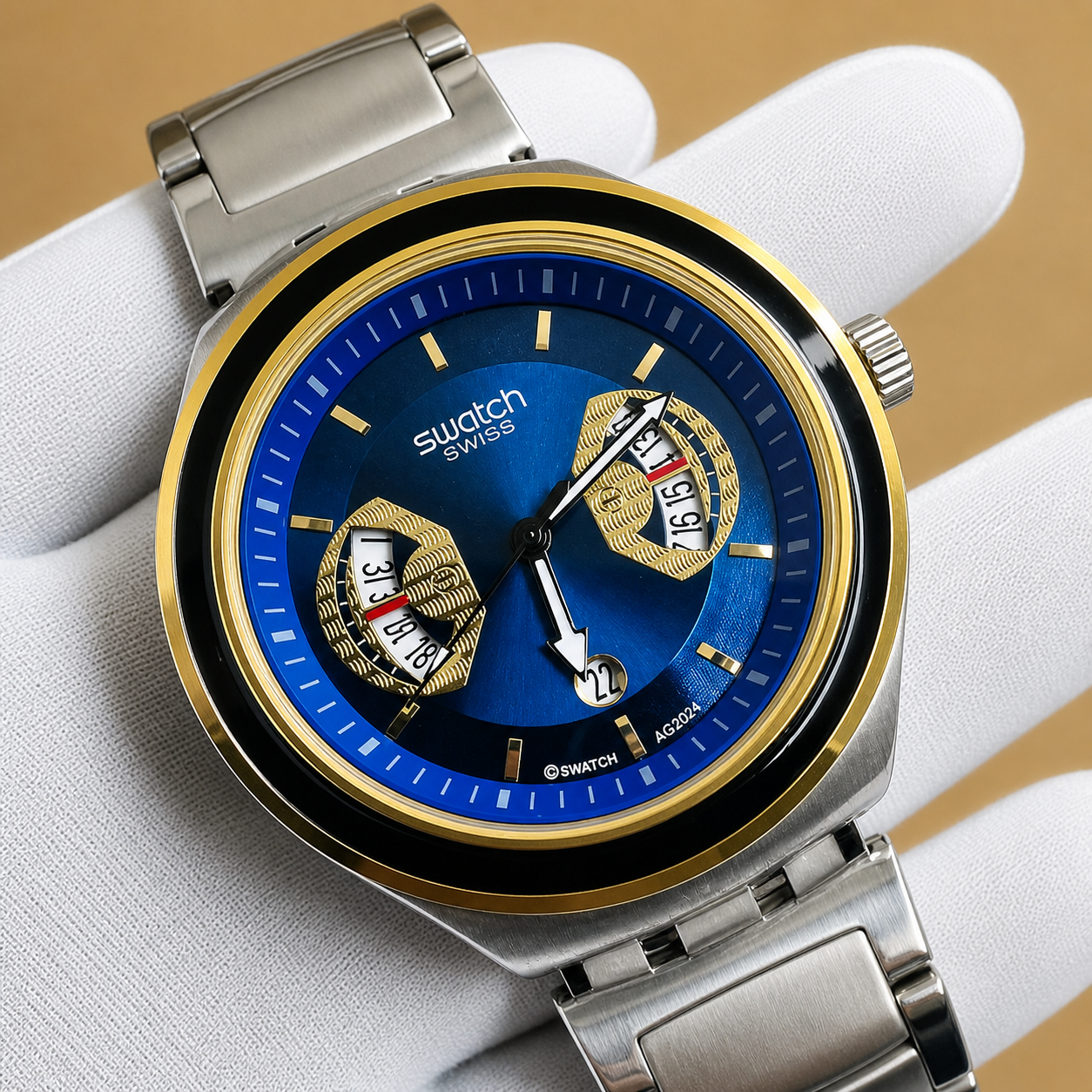 Swatch AG2026 BLUE GOLD – Retro-Futuristic Swiss Design